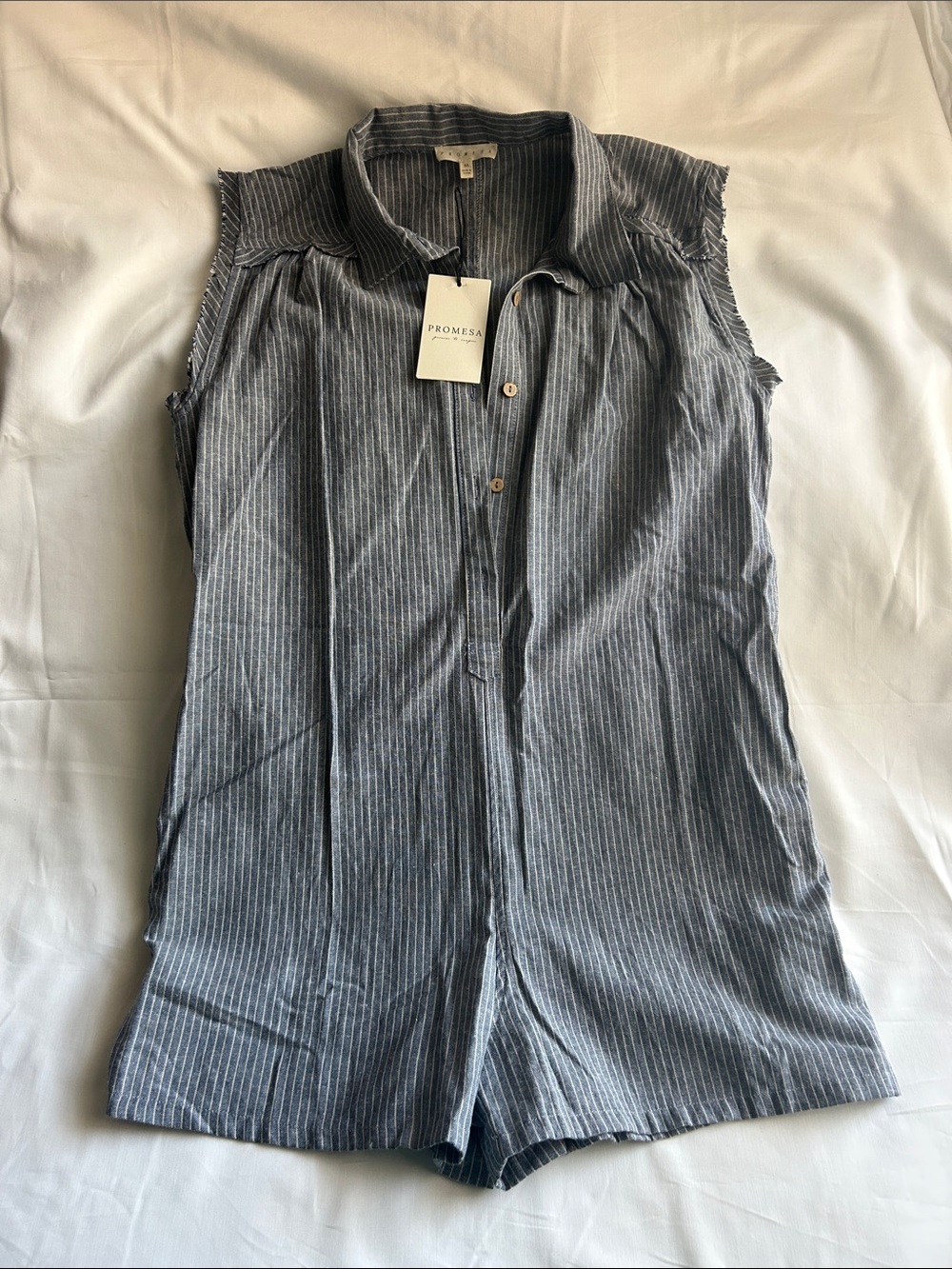 Promesa Blue and White Pinstripe Sleeveless Romper